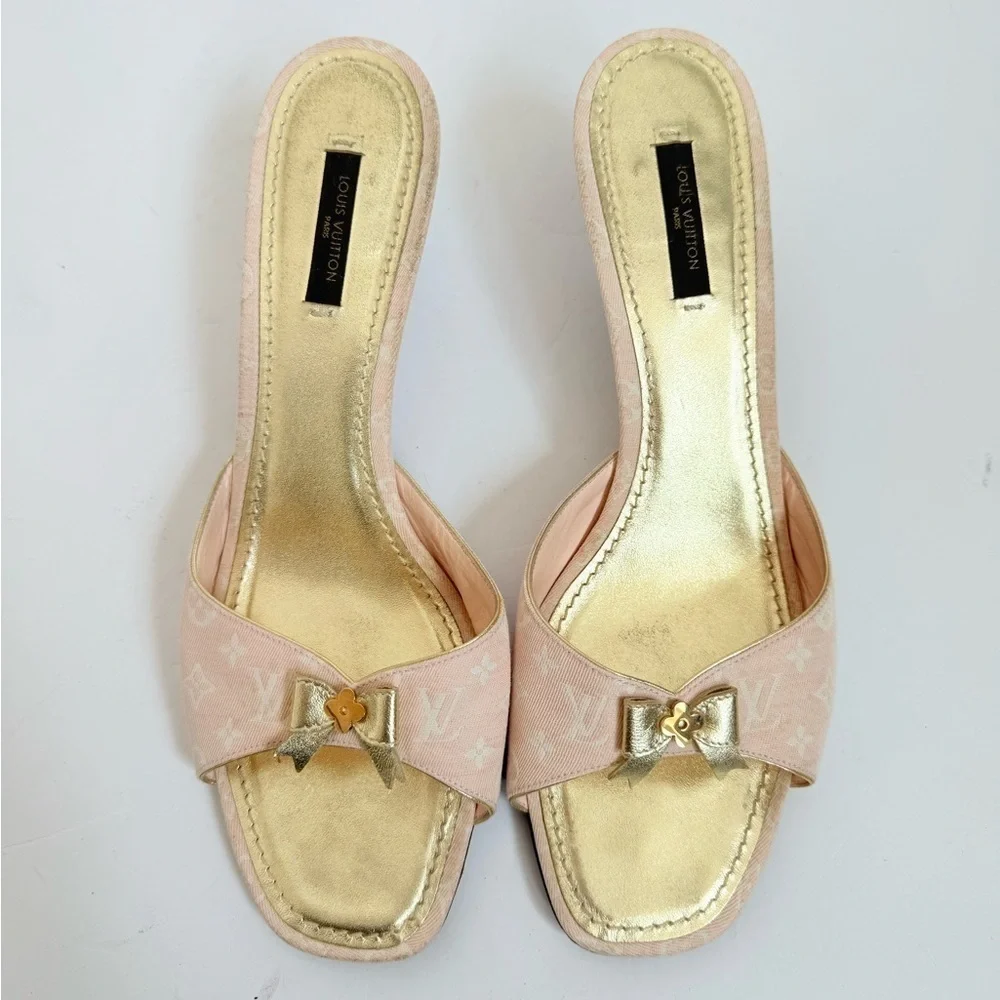Louis Vuitton Vintage Leather Pink Gold Monogram Bowtie mid heel mules EU 40.5